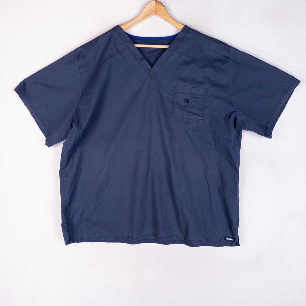 Landau Unisex Scrub Top 3XL Navy Blue V-Neck Short Sleeve Pocket Medical Nursing